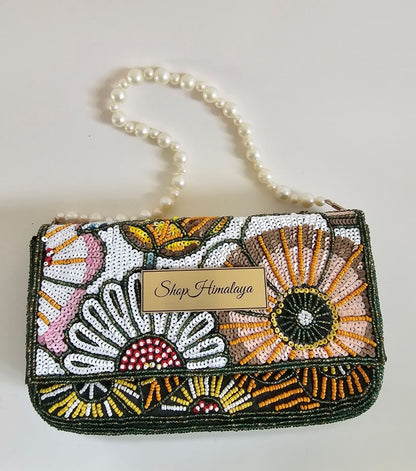 Art Deco Sequin & Pearl Clutch, Velvet-Lined Beaded Evening Bag, Statement Clutch with Pearl Fringe, Vintage-Inspired Beaded Purse