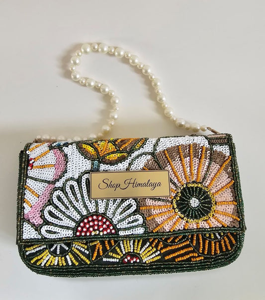 Art Deco Sequin & Pearl Clutch, Velvet-Lined Beaded Evening Bag, Statement Clutch with Pearl Fringe, Vintage-Inspired Beaded Purse