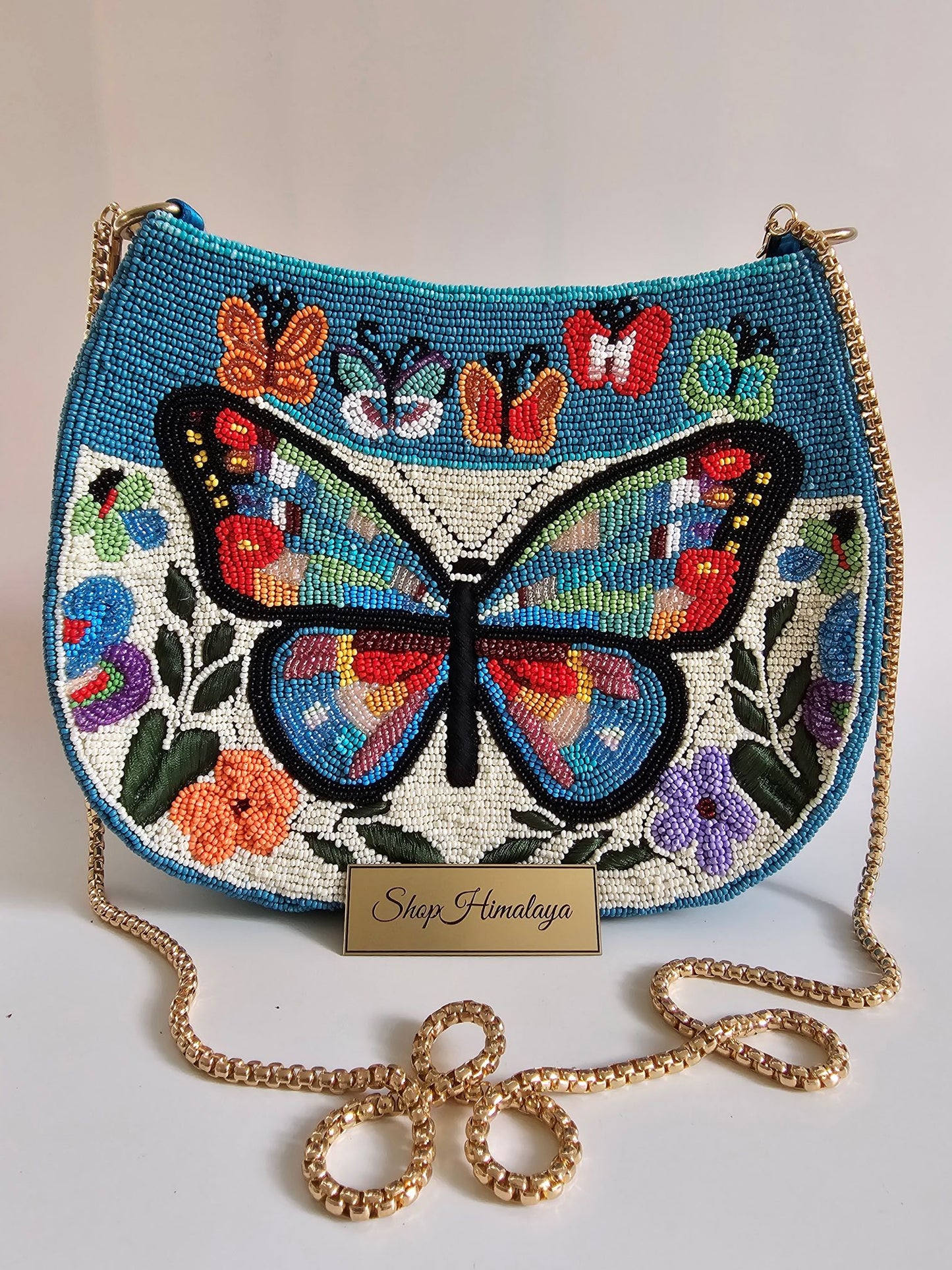 Butterfly Garden Beaded Bag - 100% Hand-Beaded , Nature-Inspired Design, Detachable Shoulder Strap & Gold-Tone Chain, Secure Top Zipper Closure