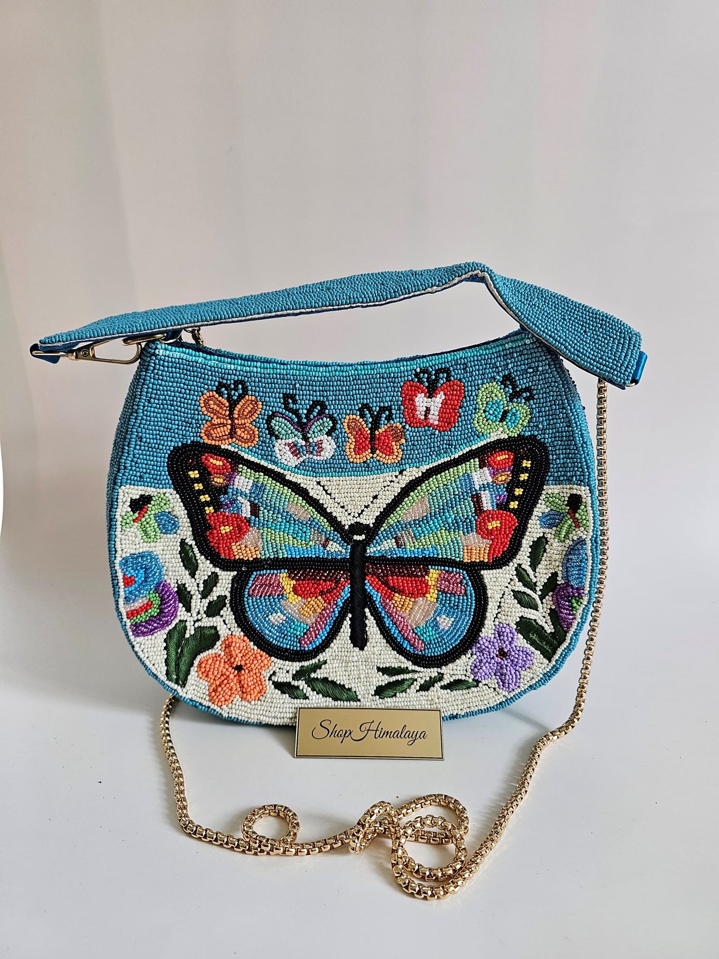 Butterfly Garden Beaded Bag - 100% Hand-Beaded , Nature-Inspired Design, Detachable Shoulder Strap & Gold-Tone Chain, Secure Top Zipper Closure