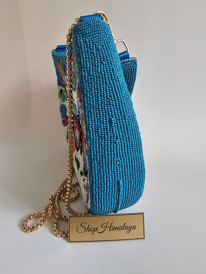 Butterfly Garden Beaded Bag - 100% Hand-Beaded , Nature-Inspired Design, Detachable Shoulder Strap & Gold-Tone Chain, Secure Top Zipper Closure