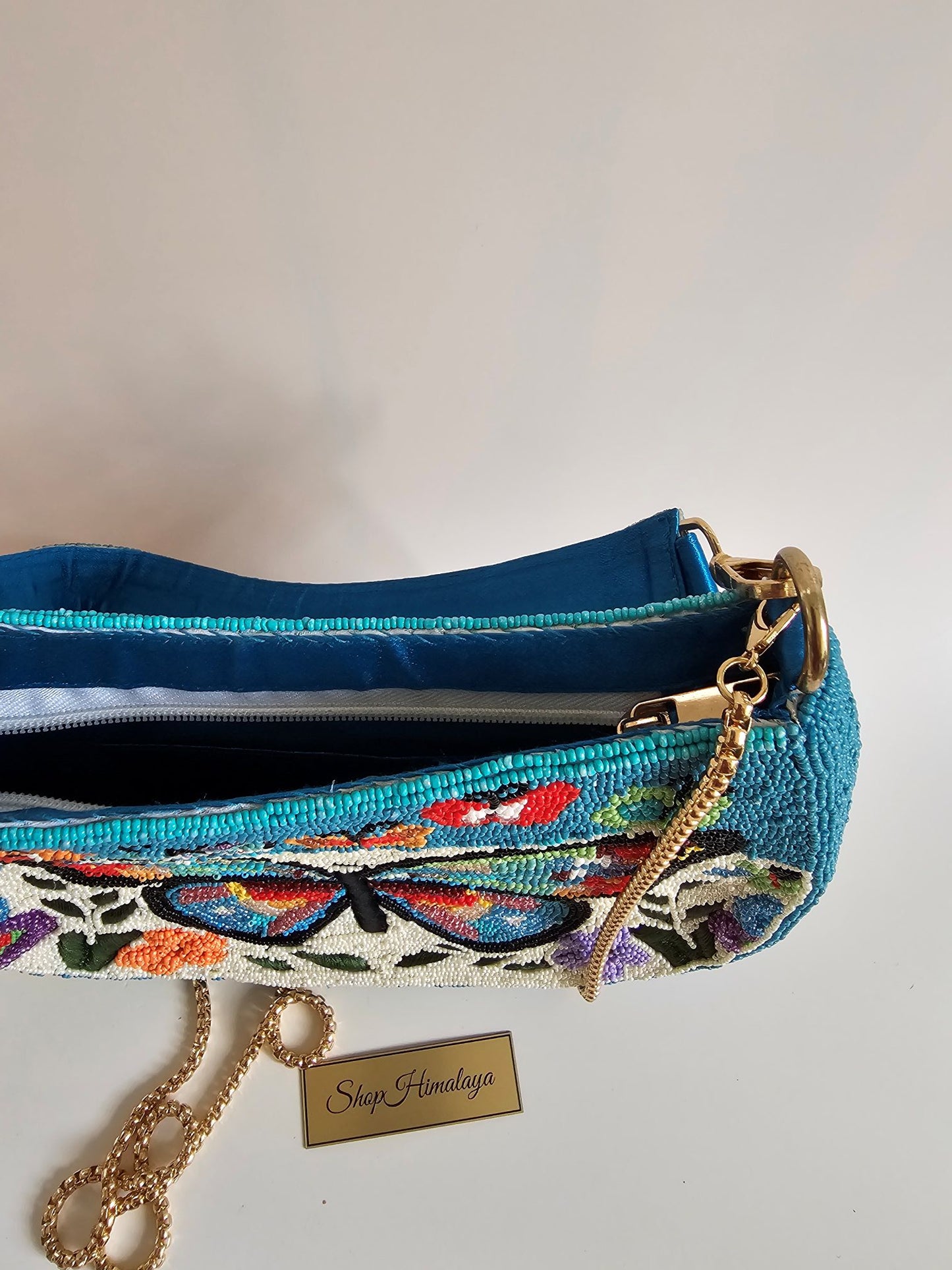 Butterfly Garden Beaded Bag - 100% Hand-Beaded , Nature-Inspired Design, Detachable Shoulder Strap & Gold-Tone Chain, Secure Top Zipper Closure