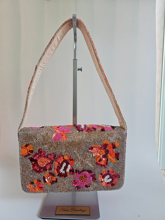 Artisanal Floral Beaded Handbag - Vibrant Evening Bag, Pink & Coral Flower Evening Purse,  Boho Chic Artisanal Clutch, Beige Seed Bead Clutch with Flowers