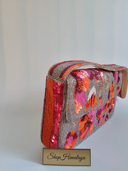 Artisanal Floral Beaded Handbag - Vibrant Evening Bag, Pink & Coral Flower Evening Purse,  Boho Chic Artisanal Clutch, Beige Seed Bead Clutch with Flowers