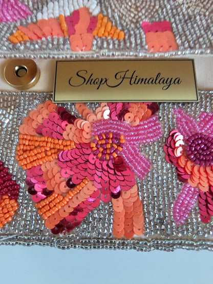 Artisanal Floral Beaded Handbag - Vibrant Evening Bag, Pink & Coral Flower Evening Purse,  Boho Chic Artisanal Clutch, Beige Seed Bead Clutch with Flowers