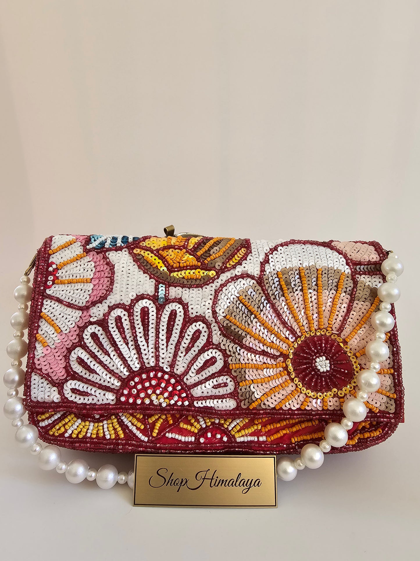 Elegant Floral Sequin Clutch with Pearl Handle Handmade Beaded Evening Bag for Weddings & Formal Events
