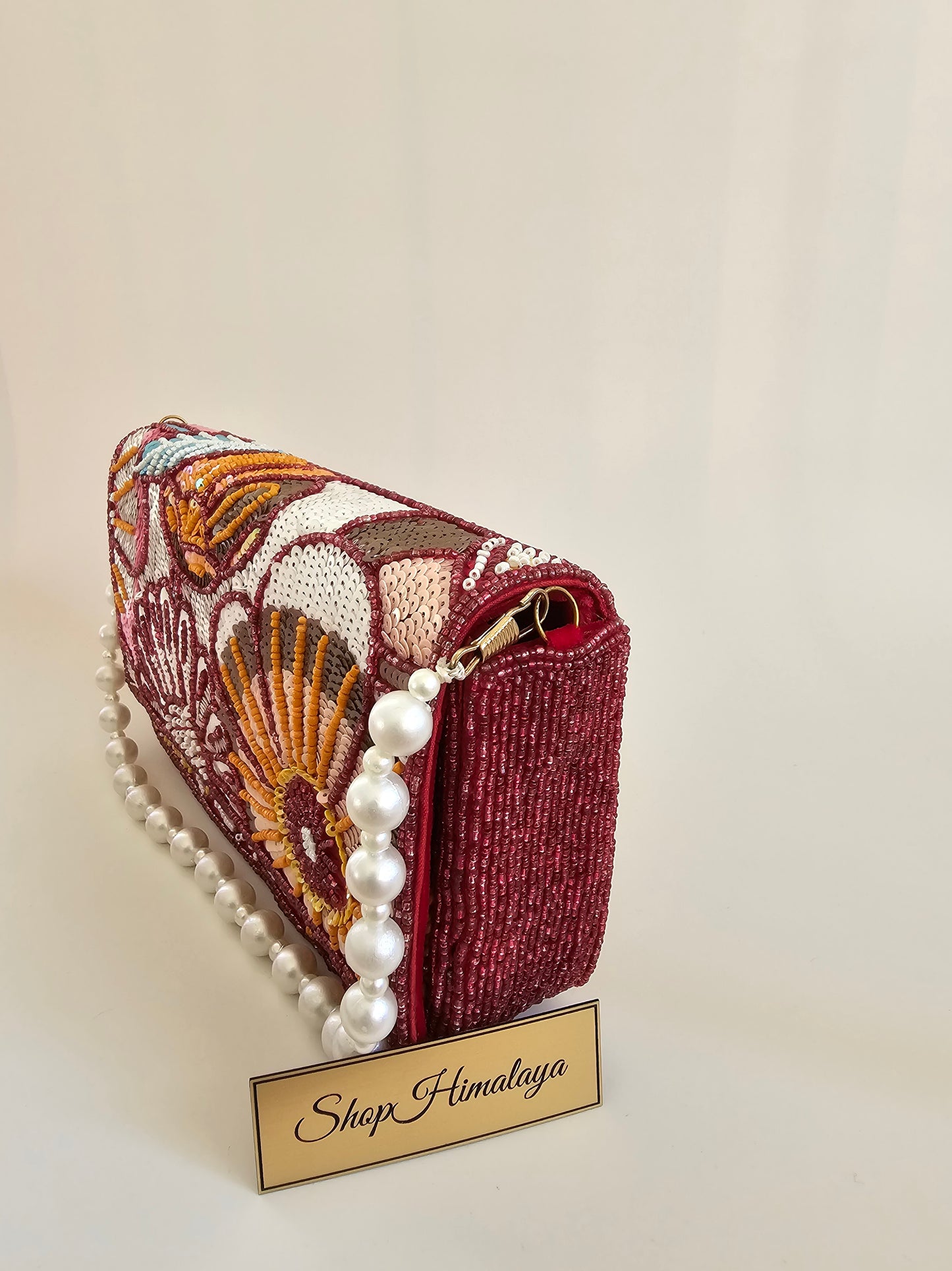 Elegant Floral Sequin Clutch with Pearl Handle Handmade Beaded Evening Bag for Weddings & Formal Events