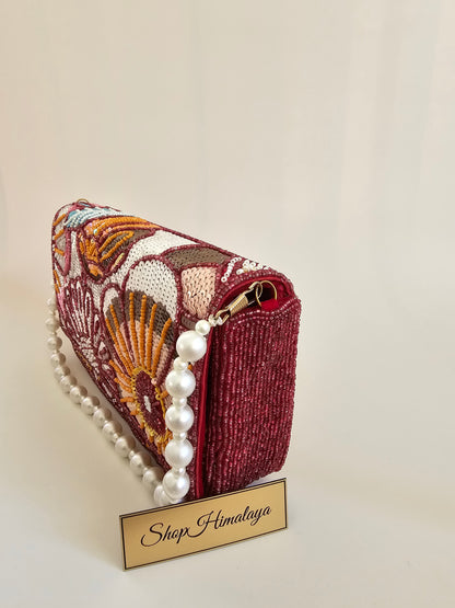 Elegant Floral Sequin Clutch with Pearl Handle Handmade Beaded Evening Bag for Weddings & Formal Events