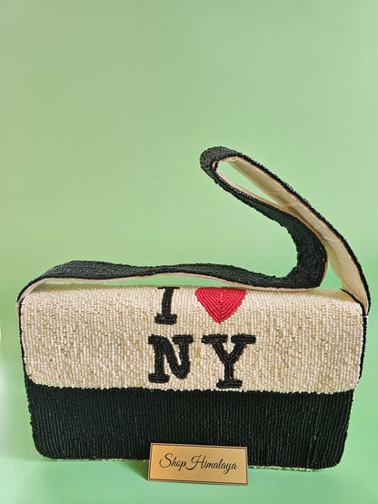 I Love NY Bag, New York Purse, Beaded Handbag, Top Handle Bag, Beaded Bag, City Purse, Statement Handbag