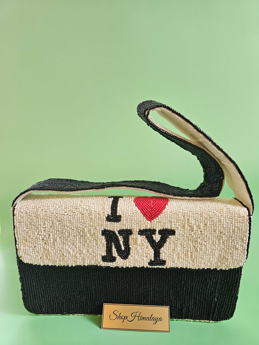 I Love NY Bag, New York Purse, Beaded Handbag, Top Handle Bag, Beaded Bag, City Purse, Statement Handbag