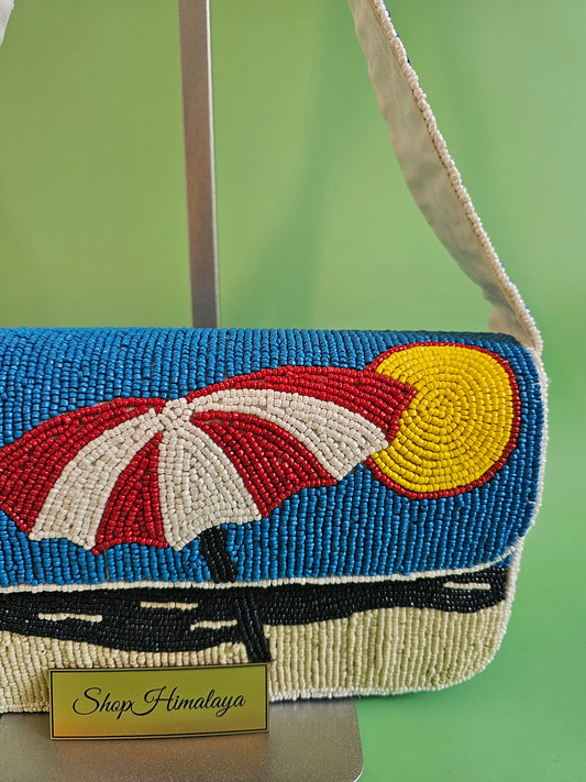 Beach Scene Bag, Crossbody Beaded Bag, Novelty Purse, Vacation Bag, Coastal Handbag, Statement Purse