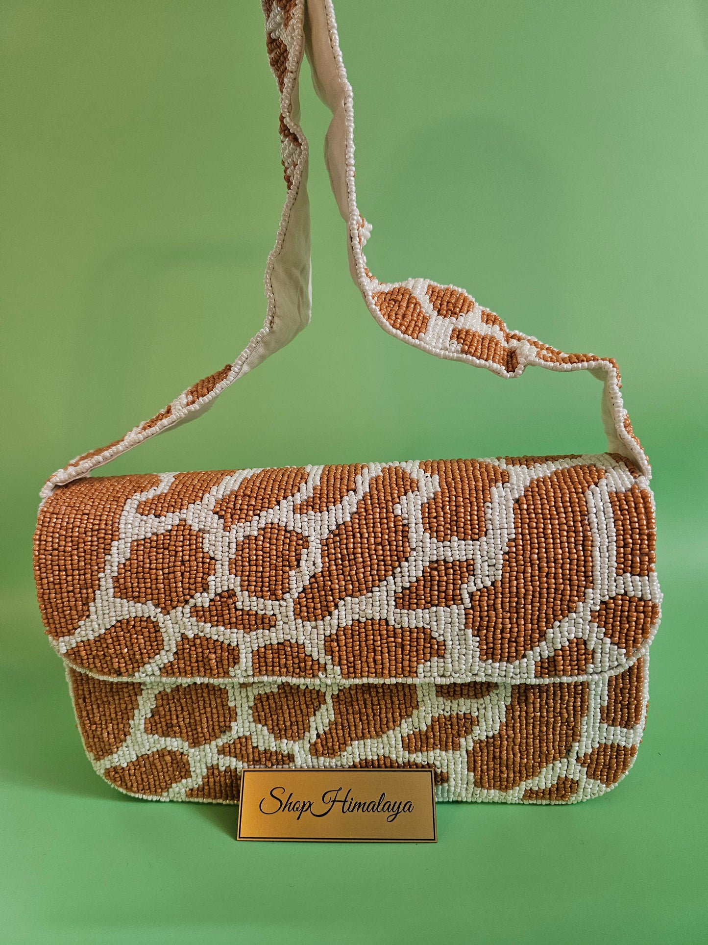 Giraffe Print Bag, Animal Print Purse, Beaded Crossbody, Seed Bead Bag, Safari Bag, Statement Purse, Brown and White Bag, Caramel Beaded Purse, Earth Tone Handbag,