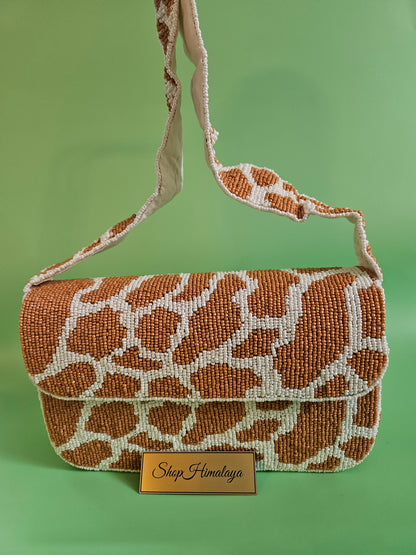 Giraffe Print Bag, Animal Print Purse, Beaded Crossbody, Seed Bead Bag, Safari Bag, Statement Purse, Brown and White Bag, Caramel Beaded Purse, Earth Tone Handbag,