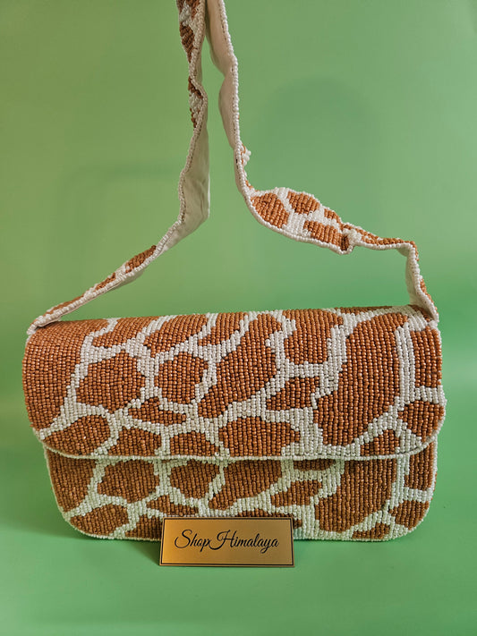 Giraffe Print Bag, Animal Print Purse, Beaded Crossbody, Seed Bead Bag, Safari Bag, Statement Purse, Brown and White Bag, Caramel Beaded Purse, Earth Tone Handbag,