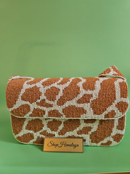 Giraffe Print Bag, Animal Print Purse, Beaded Crossbody, Seed Bead Bag, Safari Bag, Statement Purse, Brown and White Bag, Caramel Beaded Purse, Earth Tone Handbag,