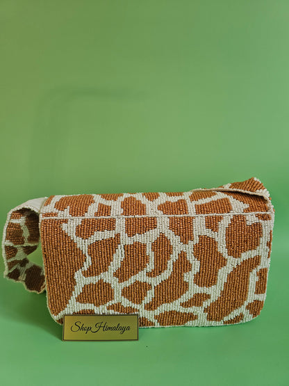Giraffe Print Bag, Animal Print Purse, Beaded Crossbody, Seed Bead Bag, Safari Bag, Statement Purse, Brown and White Bag, Caramel Beaded Purse, Earth Tone Handbag,