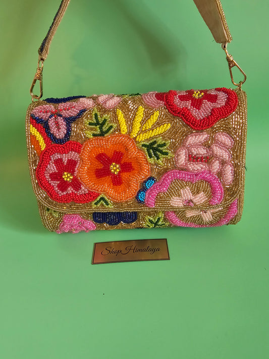 Beaded Clutch, Floral Purse, Beaded Evening Bag, Gold Clutch, Seed Bead Bag,  Embroidered Look Bag, Floral Beaded Clutch, Statement Clutch, Wedding Guest Bag, Formal Purse, Small Shoulder Bag