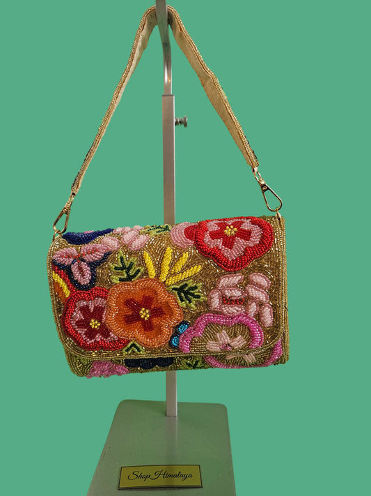 Beaded Clutch, Floral Purse, Beaded Evening Bag, Gold Clutch, Seed Bead Bag,  Embroidered Look Bag, Floral Beaded Clutch, Statement Clutch, Wedding Guest Bag, Formal Purse, Small Shoulder Bag