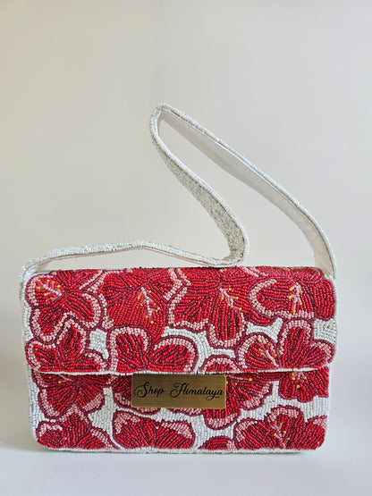 Handmade Beaded Red Hibiscus Clutch, Artisan Floral Shoulder Bag, Cotton Lined Evening Purse