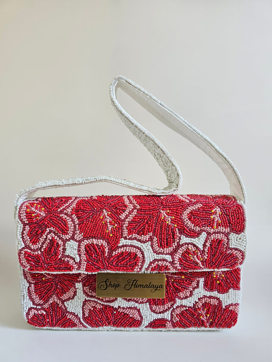 Handmade Beaded Red Hibiscus Clutch, Artisan Floral Shoulder Bag, Cotton Lined Evening Purse