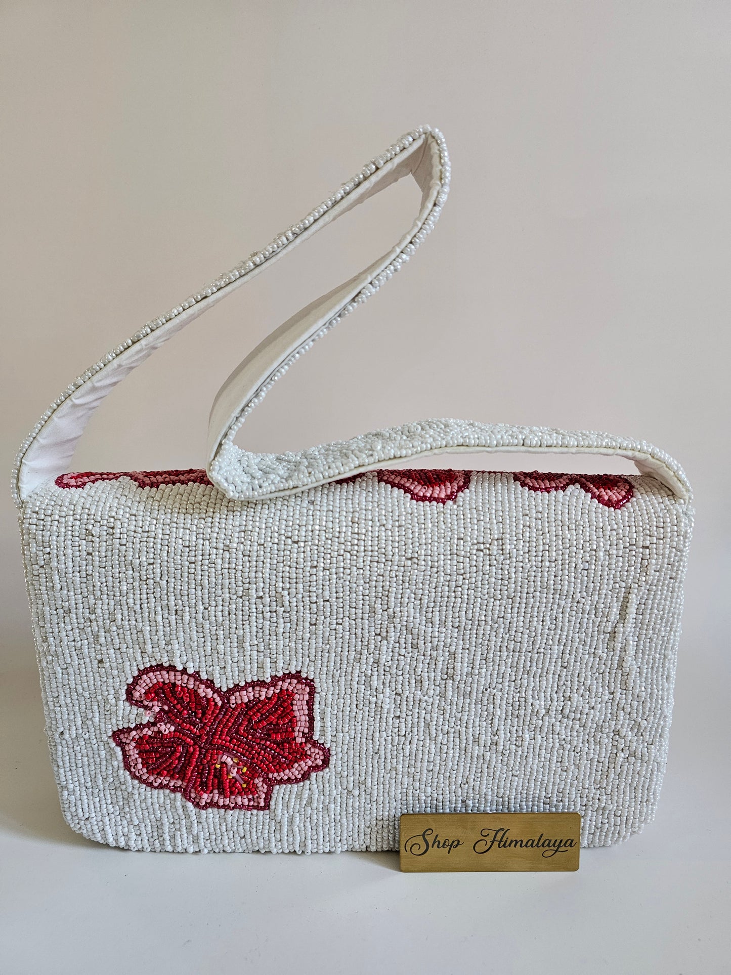 Handmade Beaded Red Hibiscus Clutch, Artisan Floral Shoulder Bag, Cotton Lined Evening Purse
