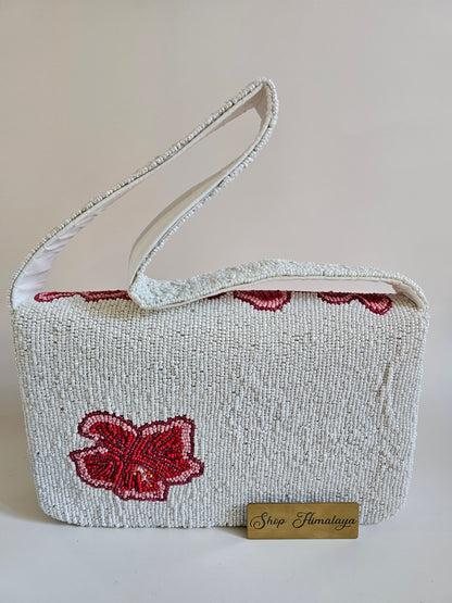 Handmade Beaded Red Hibiscus Clutch, Artisan Floral Shoulder Bag, Cotton Lined Evening Purse