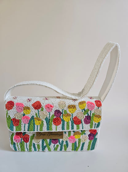 Handmade Beaded Floral Clutch, White Tulip Shoulder Bag, Artisan Beaded Floral Bag, Unique Beaded Floral Bag