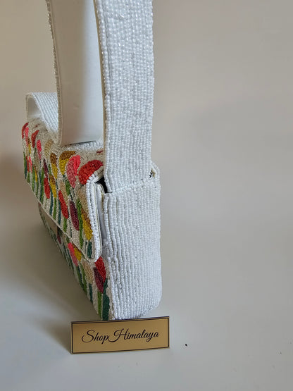 Handmade Beaded Floral Clutch, White Tulip Shoulder Bag, Artisan Beaded Floral Bag, Unique Beaded Floral Bag
