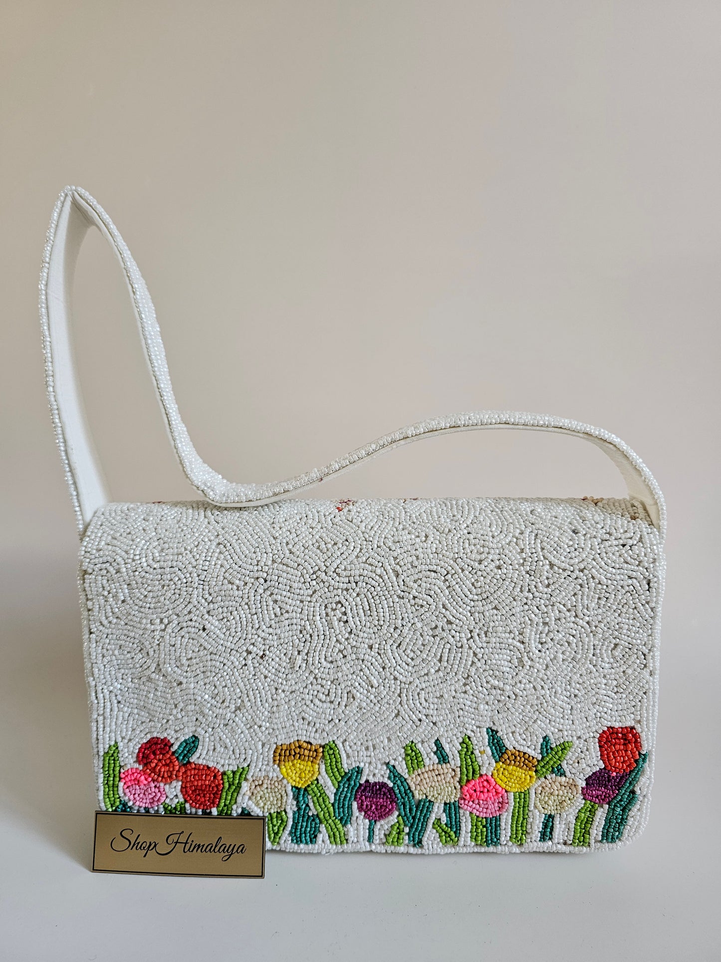 Handmade Beaded Floral Clutch, White Tulip Shoulder Bag, Artisan Beaded Floral Bag, Unique Beaded Floral Bag