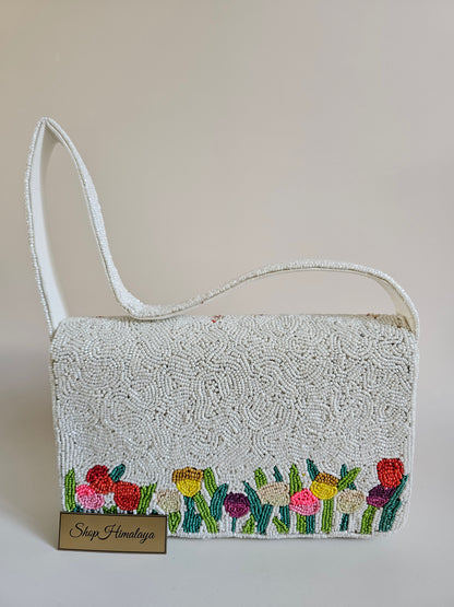 Handmade Beaded Floral Clutch, White Tulip Shoulder Bag, Artisan Beaded Floral Bag, Unique Beaded Floral Bag
