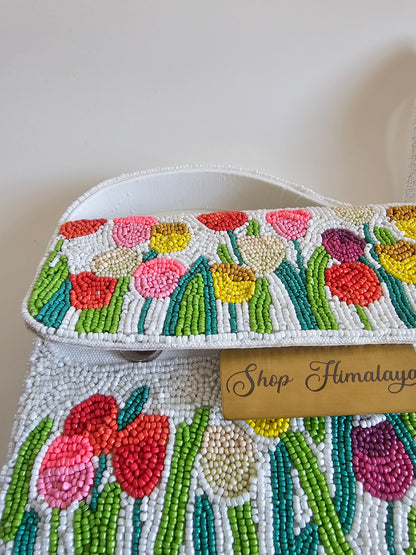 Handmade Beaded Floral Clutch, White Tulip Shoulder Bag, Artisan Beaded Floral Bag, Unique Beaded Floral Bag
