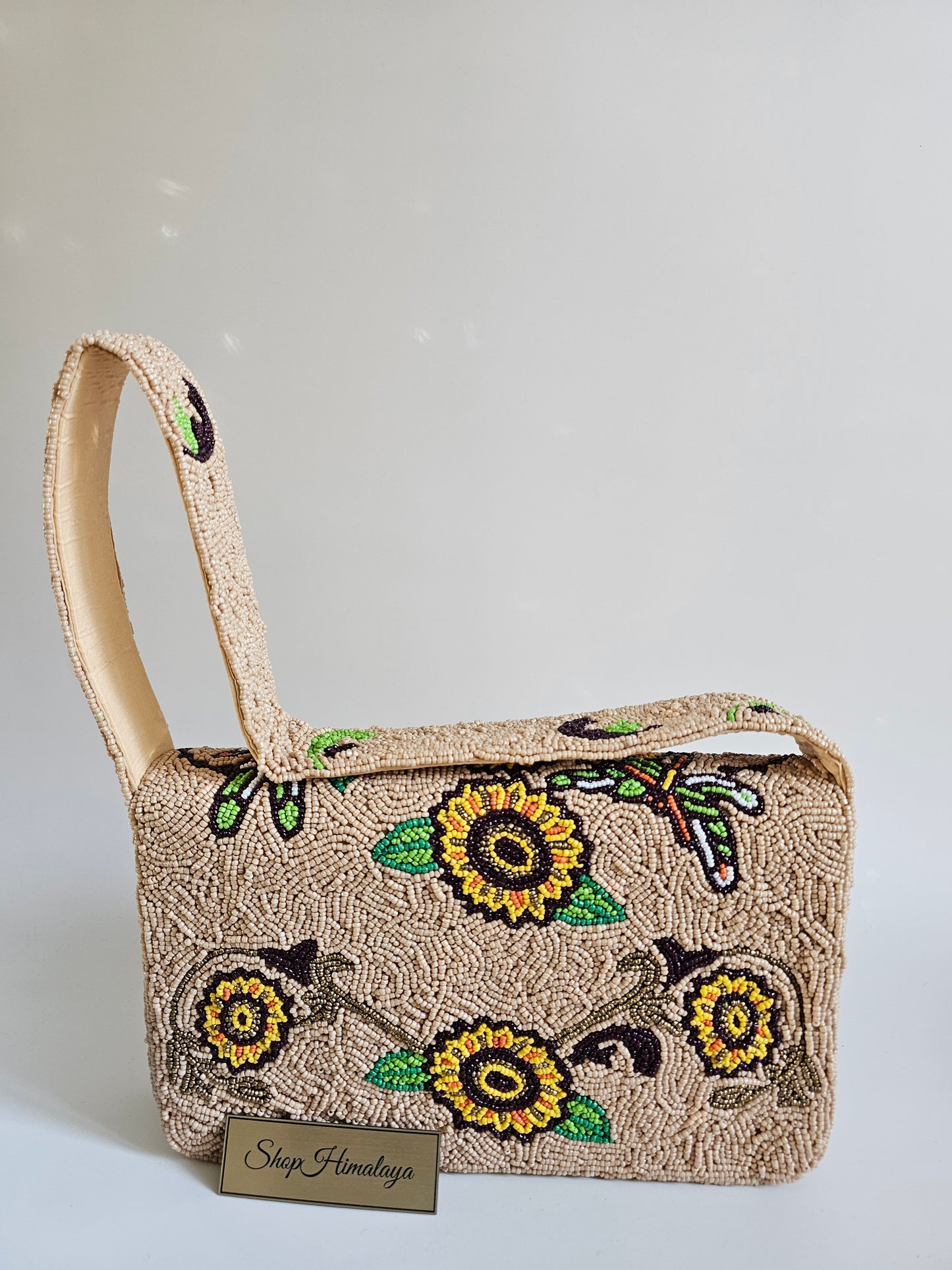Handmade Beaded Sunflower Clutch, Artisan Floral Shoulder Bag, Sunflower beaded bag, Brown and yellow beaded clutch