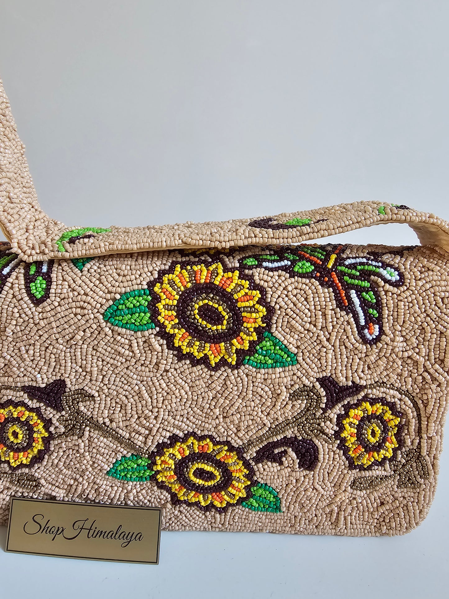 Handmade Beaded Sunflower Clutch, Artisan Floral Shoulder Bag, Sunflower beaded bag, Brown and yellow beaded clutch