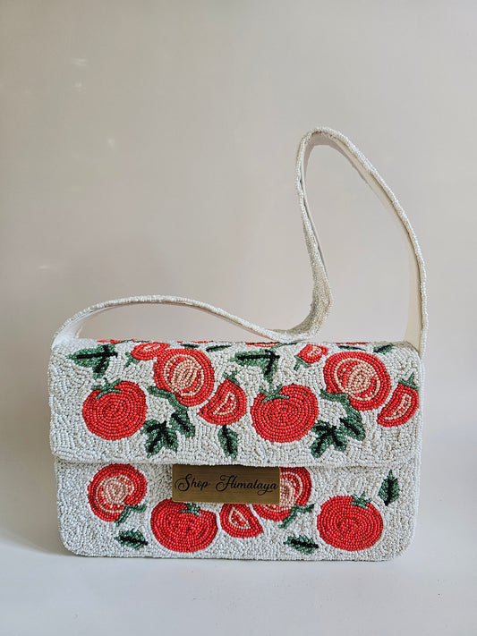Artisan Beaded Tomato Bag, Whimsical Floral Clutch, Red and white beaded bag, Fruit pattern handbag