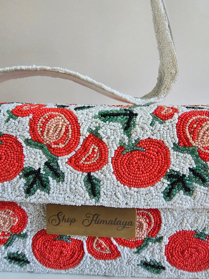 Artisan Beaded Tomato Bag, Whimsical Floral Clutch, Red and white beaded bag, Fruit pattern handbag