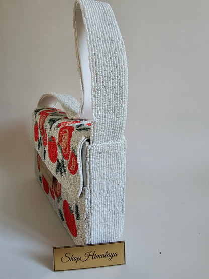 Artisan Beaded Tomato Bag, Whimsical Floral Clutch, Red and white beaded bag, Fruit pattern handbag