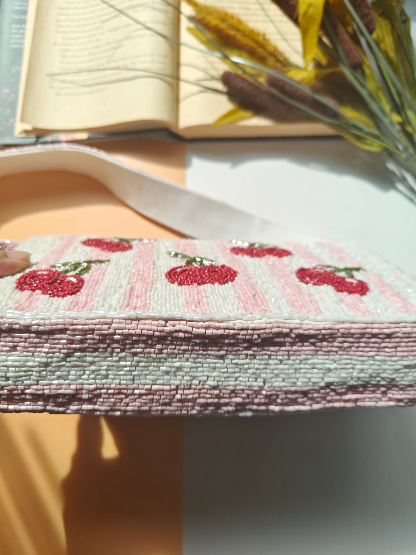 Handmade Beaded Cherry Shoulder Bag, Pink & White Striped Purse, Shop Himalaya