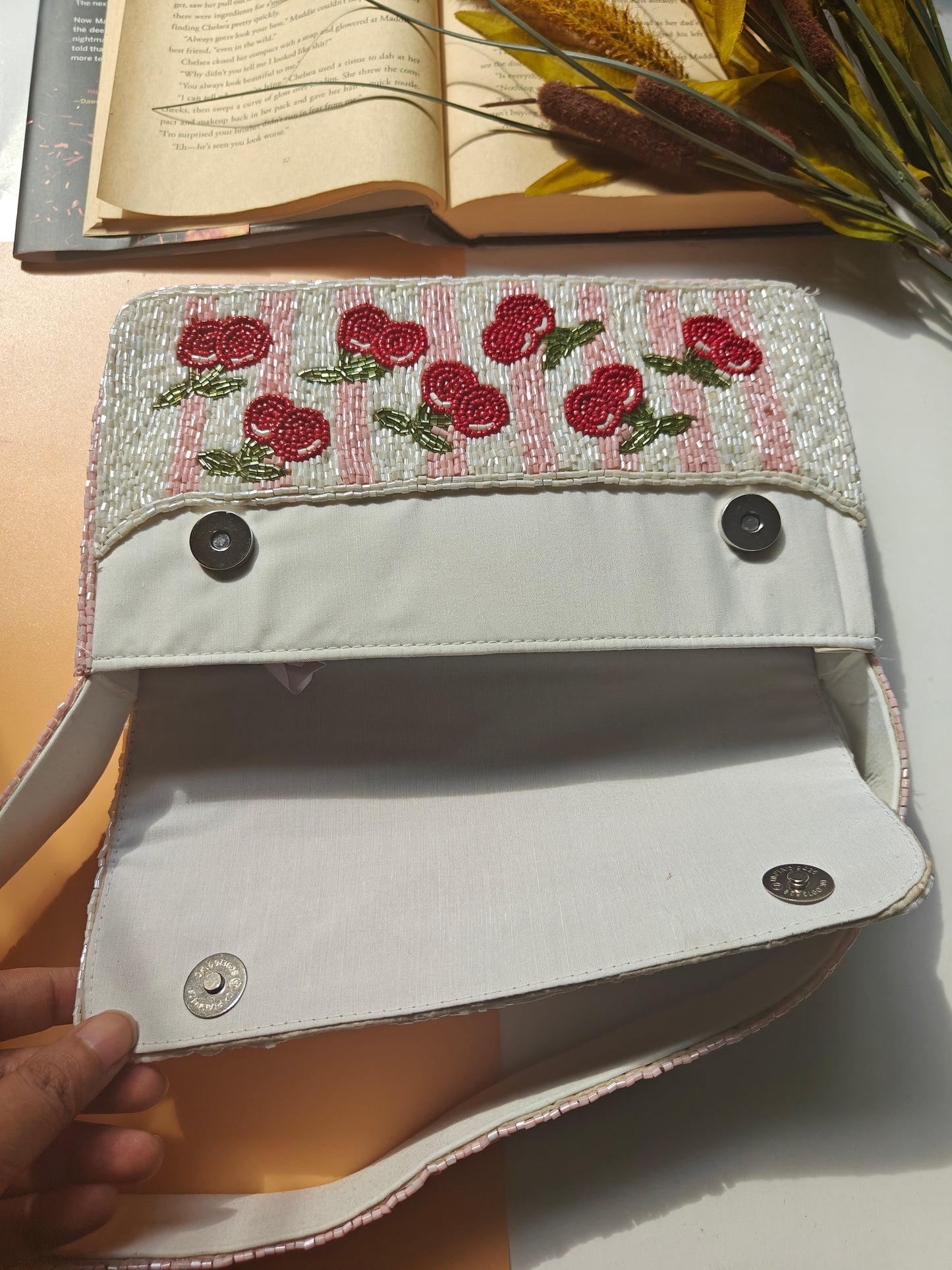Handmade Beaded Cherry Shoulder Bag, Pink & White Striped Purse, Shop Himalaya