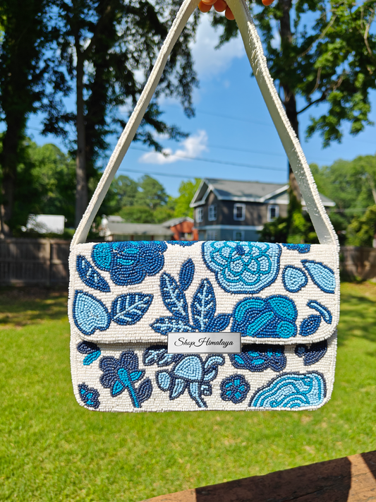 Handmade Beaded Floral Clutch Bag, Blue White Shoulder Purse, Boho Evening Bag, Beaded Bag, Shop Himalaya