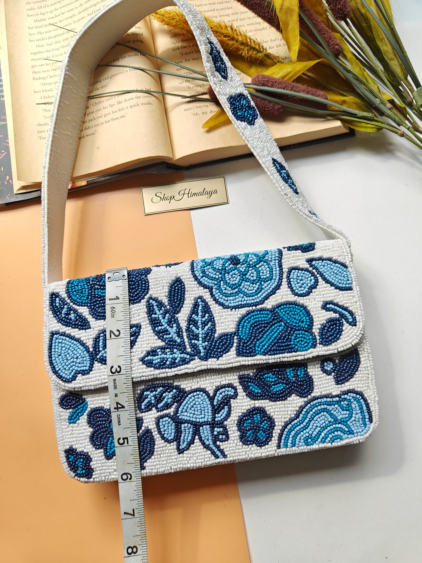 Handmade Beaded Floral Clutch Bag, Blue White Shoulder Purse, Boho Evening Bag, Beaded Bag, Shop Himalaya