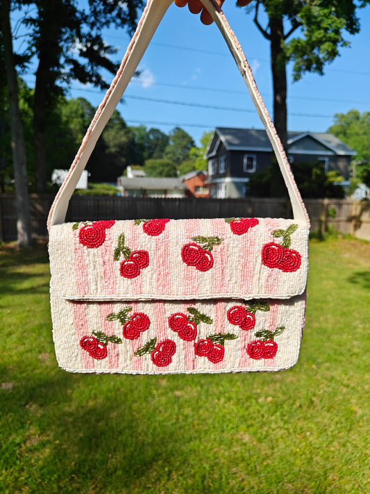 Handmade Beaded Cherry Shoulder Bag, Pink & White Striped Purse, Shop Himalaya