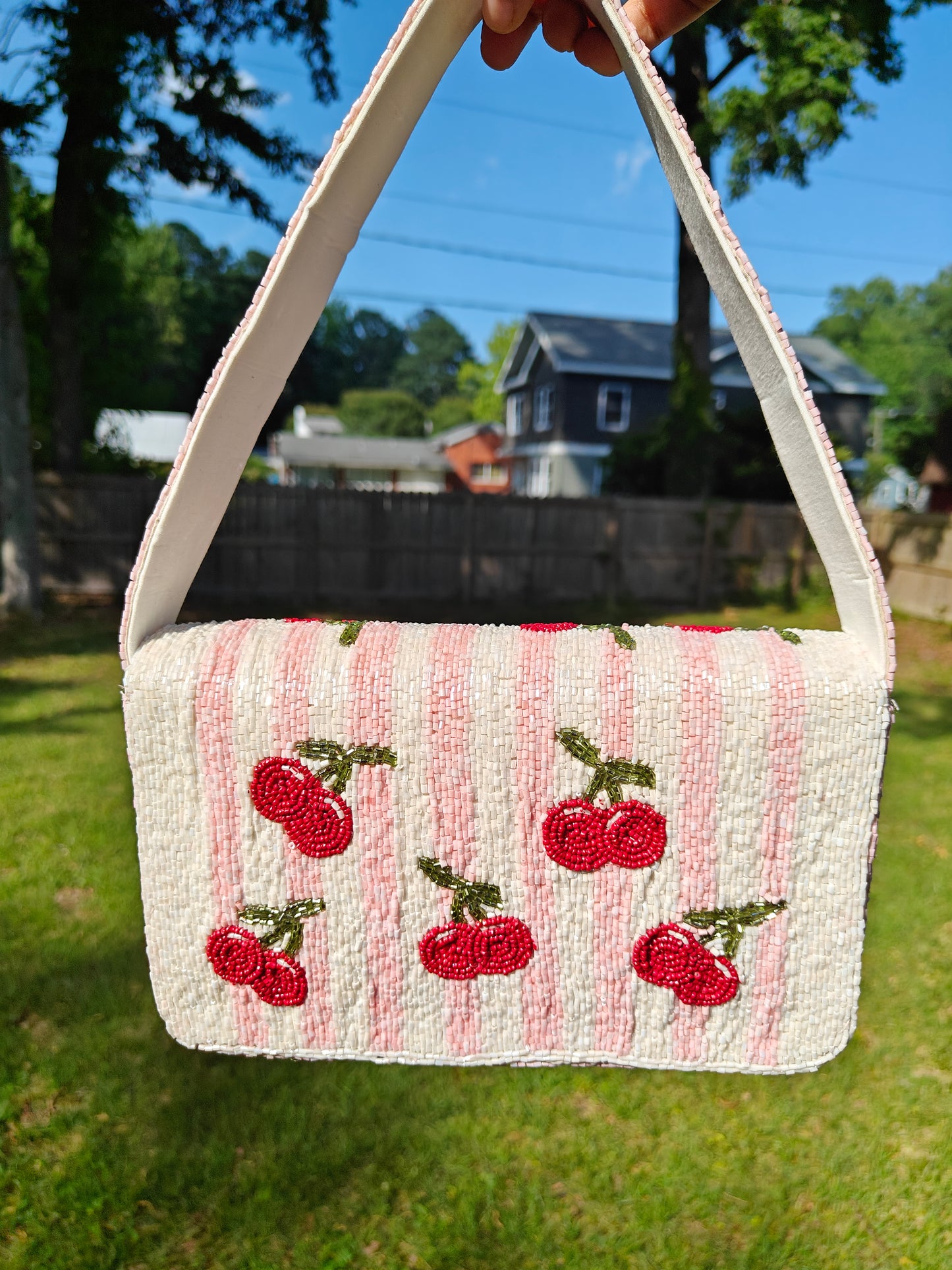 Handmade Beaded Cherry Shoulder Bag, Pink & White Striped Purse, Shop Himalaya