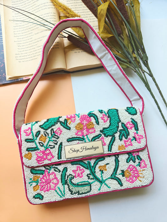 Handmade Floral Beaded Shoulder Bag White Pink Green Purse