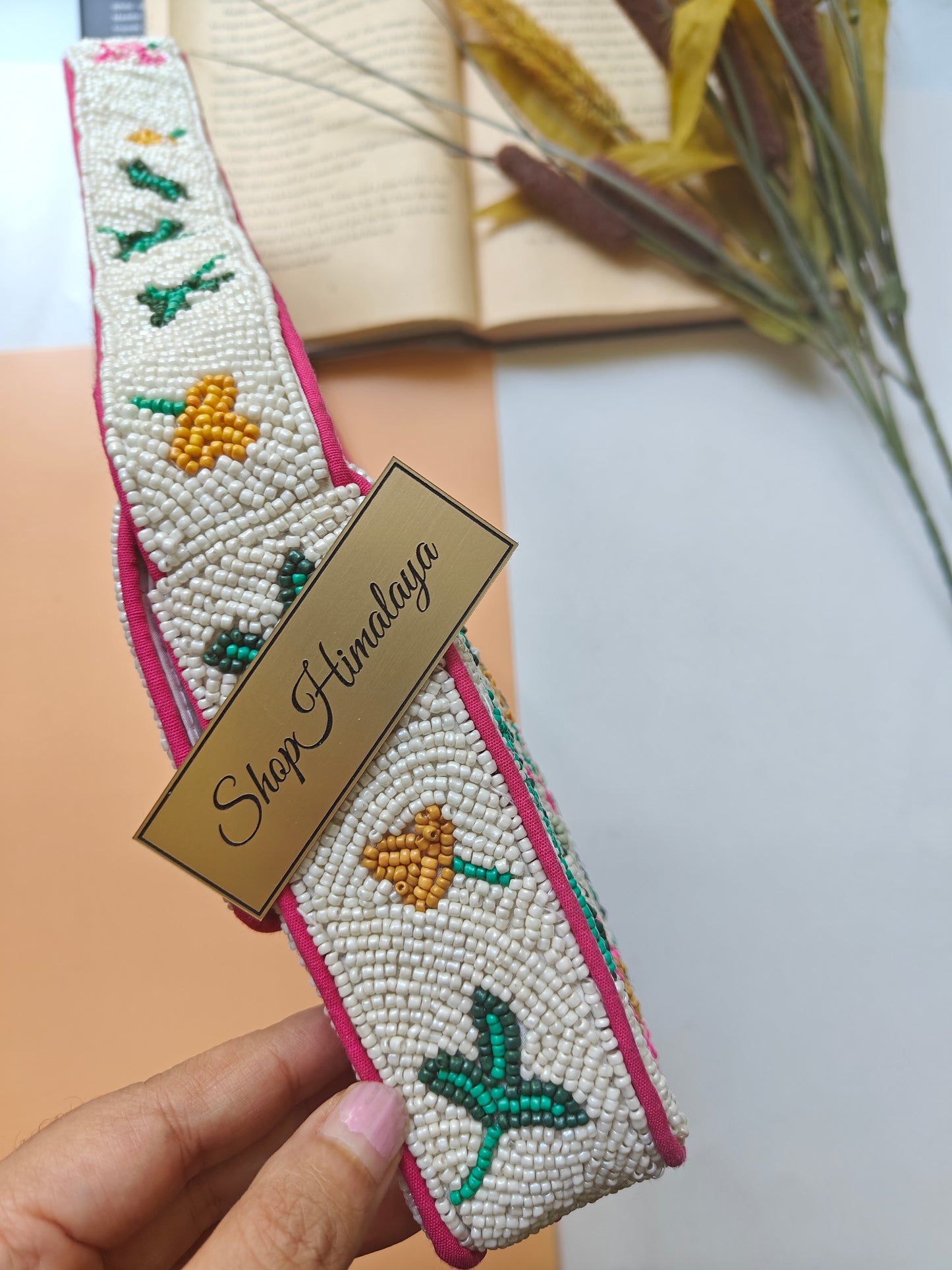 Handmade Floral Beaded Shoulder Bag White Pink Green Purse