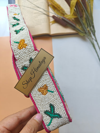 Handmade Floral Beaded Shoulder Bag White Pink Green Purse