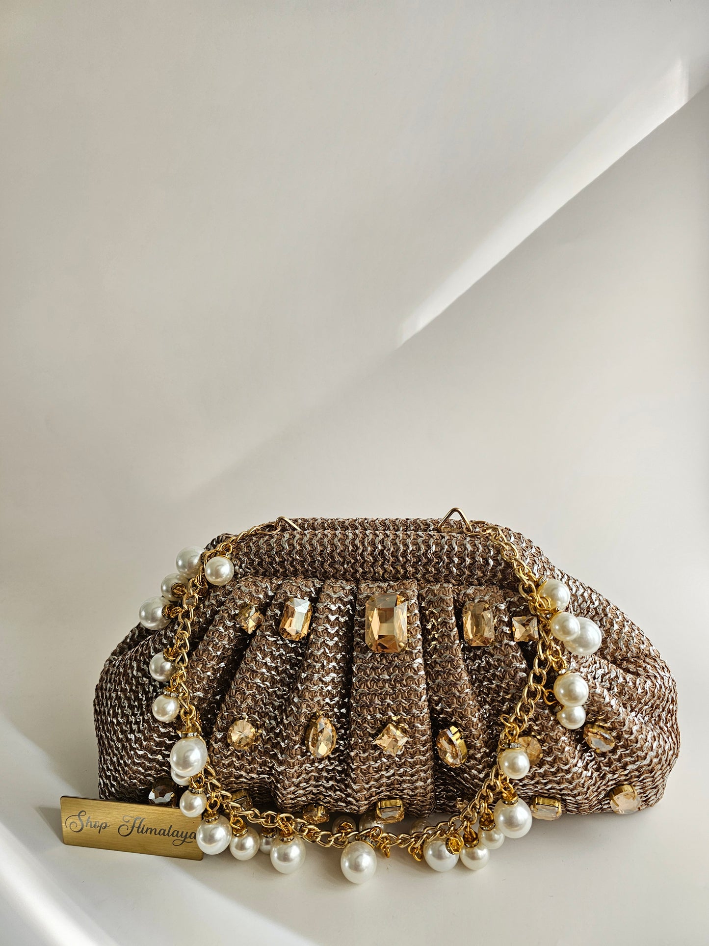 Jute & Jewel Embellished Clutch with Pearl Chain Strap | Handcrafted Shoulder Bag
