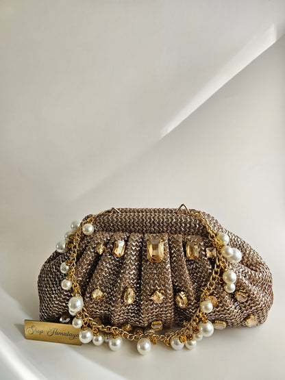 Jute & Jewel Embellished Clutch with Pearl Chain Strap | Handcrafted Shoulder Bag