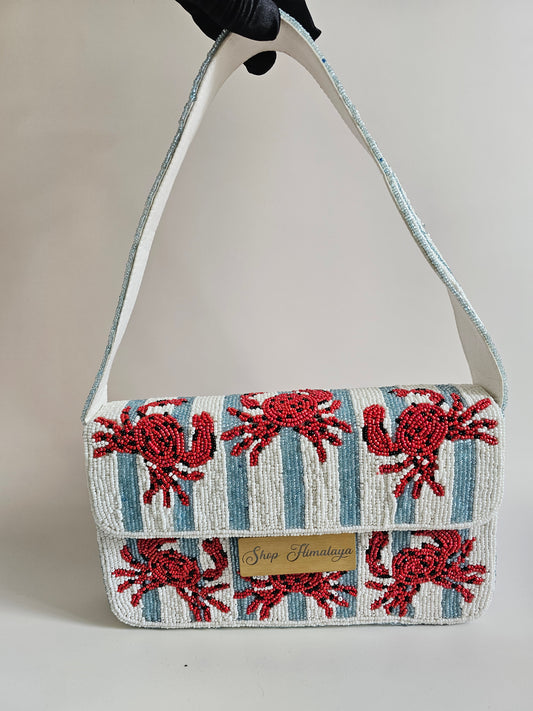 Hand-Beaded Crab Shoulder Bag, Nautical Beaded Purse, Coastal fashion Bag