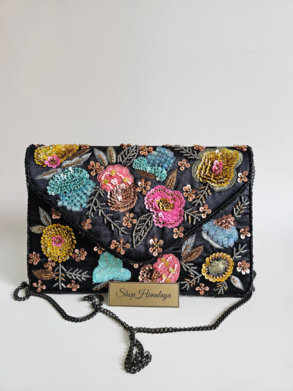 Embroidered Sequin Clutch, Black sequin clutch bag, Embroidered clutch, Beaded evening bag, Floral clutch purse, Embellished handbag, Women's Party bag, Formal clutch, Bridal clutch