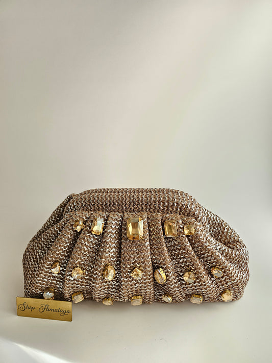 Jute & Jewel Embellished Clutch with Pearl Chain Strap | Handcrafted Shoulder Bag